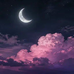 painting of night sky. A crescent moon and many stars are in a dark cloud free layer of sky at the top half of the painting. Beneath this is a deep layer of pink and purple ombre puffy fluffy puffy clouds close to the horizon at the bottom half of the painting. Artstation. Deviantart.