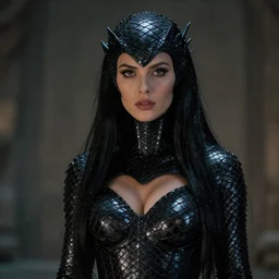 nagini, female, long, black scales, chest coverd, cinematographic shot, by daniel f. gerhartz