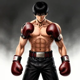 demon boxing hero ,manga style by Tite Kubo , short hair,worn pants,boxing glove character design,  worn, dark,manga style,centered,highly detailed face,CGSociety