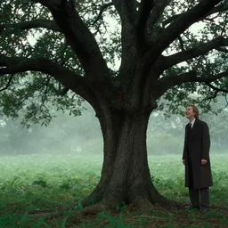 a tree with a sneaky grin, film still from the movie directed by denis villeneuve and david cronenberg with art direction by and h. r. giger and zdzisław beksinski