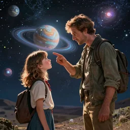a time traveller teaching her younger self the mysteries of the universe. digital art