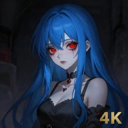 ''female anime character, blue long hair, red eyes, creepy eyes, creepy art, dark, character concept, digital painting, concept, 4 k''