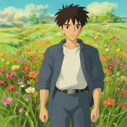 flower field, attractive male, in the style of studio ghibli, j. c. leyendecker, greg rutkowski, artgerm
