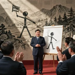 kim jong un proudly showing drawing of stick figure while secretaries are applauding
