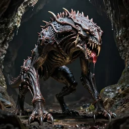tall bipedal creature in the darkness, claws, large long pointy teeth, drooling, cavern, low lighting, highly intricate, detailed, 8 k, octane render