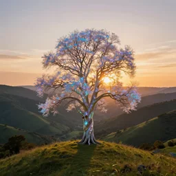 an enchanted shimmering iridescent tree in the middle of a stunning valley during sunset, golden hour, by daniel conway, greg rutkowski and andreas rocha, highly detailed, soft illumination, fantasy, concept art, trending on artstation, sharp focus, hasselbrad photography, beautiful digital art