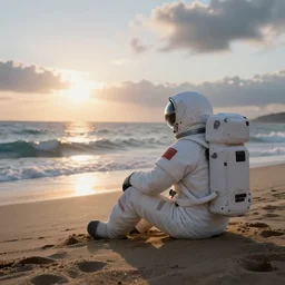 a astronaut sitting on the beach looking to the sea at sunrise, concept art, octane render, unreal engine 5, trending on Artstation, high quality, highly detailed, 8K, soft lighting, godrays, path tracing, serene landscape, turbulent sea, high coherence, anatomically correct, hyperrealistic, sand, beautiful landscape, cinematic, clouds in the sky