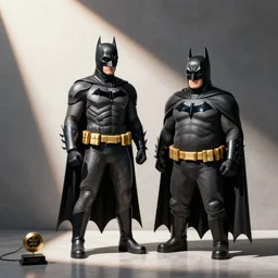 Batman in a Meteos costume standing next to Meteos in a Batman costume