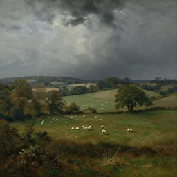 artwork of the cinematic view of a landscape normandy by hieronymus bosch, by john howe, de - noise, stormy weather, groves, sheep pasture, landscape view, depth of field, trending on artstation, background, nature