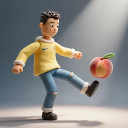 claymation of cristiano ronaldo kicking a peach