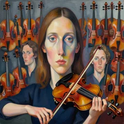 portrait of a young violinist focusing by vincent lefevre and herman bas and james jean and pat steir and hilma af klint, psychological, symmetrical face, background with hundreds of violins by andreas gursky, rendered in octane, altermodern, masterpiece