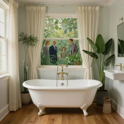 a painting of a romantic modern bathroom, an antique white clawfoot bathtub, curtains, plants, wooden floor, soft lighting from the left, by wes anderson, jeremy lipking, ron hicks, joseph todorovitch, thomas kinkade