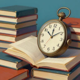 surreal artwork of books and a watch illustrating how fast time pass, digital painting, vivid colours