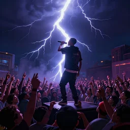 Lightning strikes while rapper performs for huge crowd reaching up to him, digital art, vapor wave, hip hop, trending on Artstation, professional artist, detailed, 4k