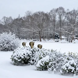 a winter landscape with shrubs and trees on a clear day, in cobra style