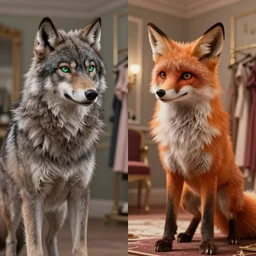a photorealistic before and after scene from a cgi film showing a lifelike anthro wolfboy ( grey furry with short hair and green eyes, detailed anthro wolflike face ) on one side and an anthro fox vixen with long orange fur on the other side. standing in an elegant dressing room. image shows split screen before and after.