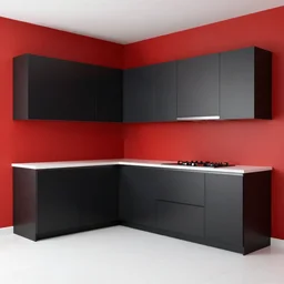 photo of a black kitchen, red walls, white floortiles, architecture, concept art