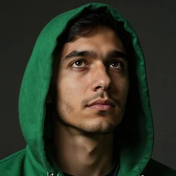 portrait of a wondering chad programmer with green hood by jeremy mann, dramatic lighting, close up