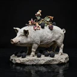 sculpture of a pig and blackberries, photorealistic, centred, wilted flowers, black background, mounted on stone, black flood waters, zen, by bob eggleton, trending on artstation