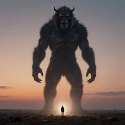 a tall terrifying humanoid beast looming over a tiny human in a surreal landscape at dusk, surreal, epic lighting, agostino arrivabene