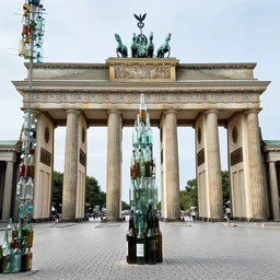 glass bottle pillars, brandenburg gate berlin, made out of bottles, by malika favre