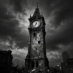 a ruined clock tower at the end of time. dark fantasy, film noir, black and white, osr, mike mignola.