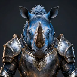 hyperrealistic bust portrait of an anthropomorphic blue Rhinoceros wearing plate paladin armor, forward angle, stunning 3d render inspired art by Tooth Wu and beeple, greg rutkowski and artgerm and justin gerard + perfect facial symmetry + dim volumetric lighting, 8k octane beautifully detailed render, post-processing, extremely hyperdetailed, intricate complexity, epic composition, grim yet sparkling atmosphere, cinematic lighting + masterpiece, trending on artstation