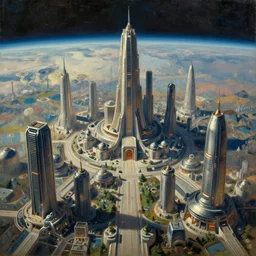 a vast planetary sci-fi city, oil on canvas, artstation, dramatic scenery, masterpiece, aesthetic
