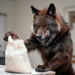 film still of a funny looking werewolf with his hand extended, looking at a bag of flour, in an american werewolf in london