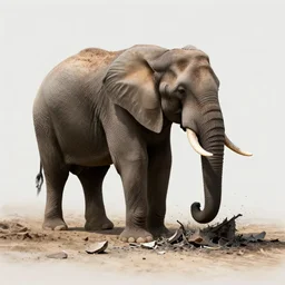 an elephant crumbles to ash on the floor, photorealistic