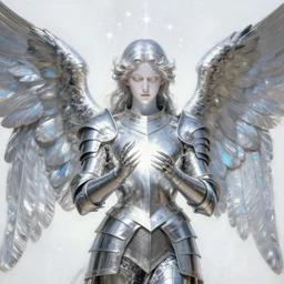 highdetailed hyperrealistic painting of a silver angel in silver armor made of unearthly plastic material with a white beautiful face without a gender appeared with light in his hands and told of miracles, with many sparkles above his head, stars all around and a white bright background!!, 4 k hd face!!!, big silver high detailed wings!!!, renaissance, holography space, glow effect, large strokes