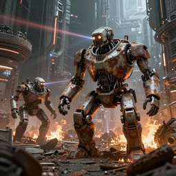 apocalyptic, future city. rusted robots with lasers coming out of their eyes, burning everything. volumetric lighting, sharp focus, ultra detailed, cgsociety - w 1 0 2 4 - n 8 - i
