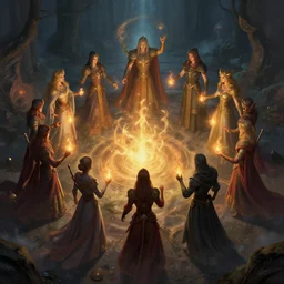 mages in circle, summoning from the evil realm, lighting, flux. fantasy, digital painting, hd, detailed.