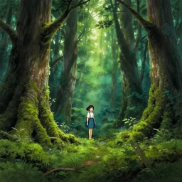 beautiful ancient forest, matte painting, beautifully painted, beautiful lighting, enchanted forest, jeremy lipking, studio ghibli, princess mononoke, 8 k, rays of light, amazing detail, princess mononoke background paintings, hayao miyazaki, kazuo oga, enchanted lighting, contrast, rule of thirds, bright green moss, japanese woodblock prints, kawase hasui