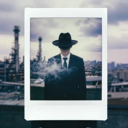 mysterious man in suit and hat wraped in a halo of smoke, the background is a big industrial city metropoli, cloudy sky, polaroid photo