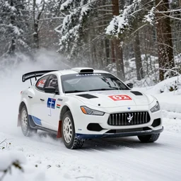 a 1 9 5 7 maserati 3 0 0 s, racing through a rally stage in a snowy forest