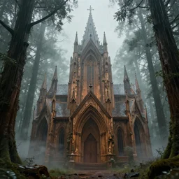digital art of an epic druid cathedral in a forest made of wood, raining, light mist, trending on artstation, artwork by brom