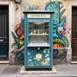 a food dispenser in the street surround by beautiful street art