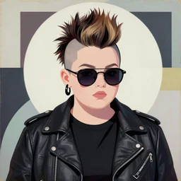 a chubby young goth girl an asymmetrical ombre mohawk wearing a leather jacket, euro sunglasses, and a black tshirt. high key, anaglyph lighting, detailed vector character design, melancholic complex flat geometric minimalism by oskar schlemmer, moebius, nagel, john berkey, oil on canvas, portrait facial head, featured on artstation, hd wallpaper, anime art nouveau cosmic display