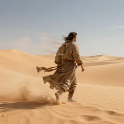 guy with a robe walking through a desert with high speed winds, 2 d perspective, wind, 8 k, ultra detailed, award winning, trending on artstationhd, epic, dramatic, cinematic,