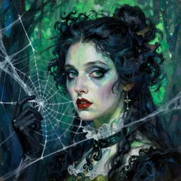 a beautiful terrifying realism painting rococo gothic close up woman in a spider web norman rockwell takato yamamoto, jack kirby, ruan jia, roberto ferri, monet, green blue black by wlop, moebius syd mead roger dean 4 k hd