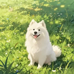 a samoyed dog sitting in the middle of sunny meadow, by Makoto Shinkai