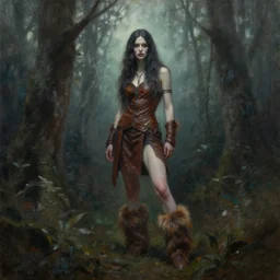art by steve henderson, savage woman, clothed in brown leather, fur boots, long hair, unwordly, beautiful, ghostly forest, oil painting