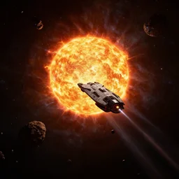 Wide shot of a single spaceship racing towards the sun , explosions and lasers. Asteroid belt. Scenic view, in the void of space, underexposed, matte painting by Craig mullins and Emmanuel_Shiu and john berkey, cinematic, dark sci-fi, concept art trending on artstation, 4k, insane details, ultra realistic