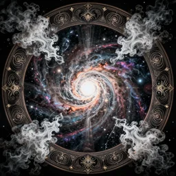 circular psychedelic mandala border with curly symmetrical designs, psychedelic transcendent puffs! of smoke, space, vortex, supernova, nebulae, pillars of creation, high contrast lighting, highly detailed, concept art, art by collier, albert aublet, krenz cushart, artem demura, alphonse mucha