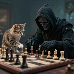 grim reaper playing chess with cat 8 k, ultra realistic, unreal engine 5