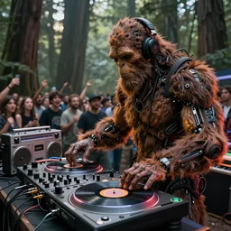 a photograph portrait of an anthropomorphic cyberpunk bigfoot dj at the turntables spinning records, over the shoulder shot with a large dance crowd among the redwoods, detailed render, tape deck, boombox, headphones, epic composition, cybernetics, 4 k realistic, cryengine, realistic shaded lighting, sharp focus, masterpiece, by matteo scalera
