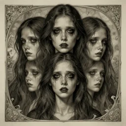 hyperrealistic detailed crerpy artnouveau style scary portraits of layers of fear