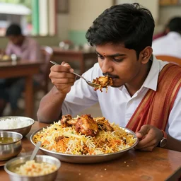 A South Indian college student is eating chicken biryani in an Andhra mess, highly detailed, photorealistic, 4k