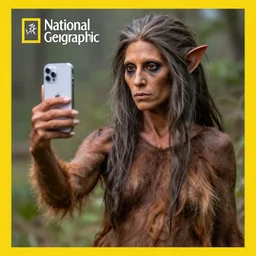 “ a primitive pre human woman Neanderthal posing for a photo with an iPhone in a trending fashion way, anthropology photography, National Geographic ”